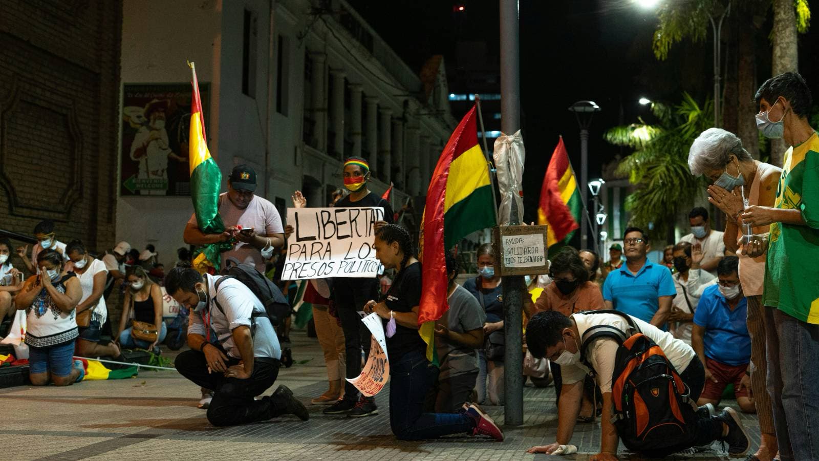 Bolivians Protesting on City Street, Santa Cruz de la Sierra, Departamento de Santa Cruz, Bolivia