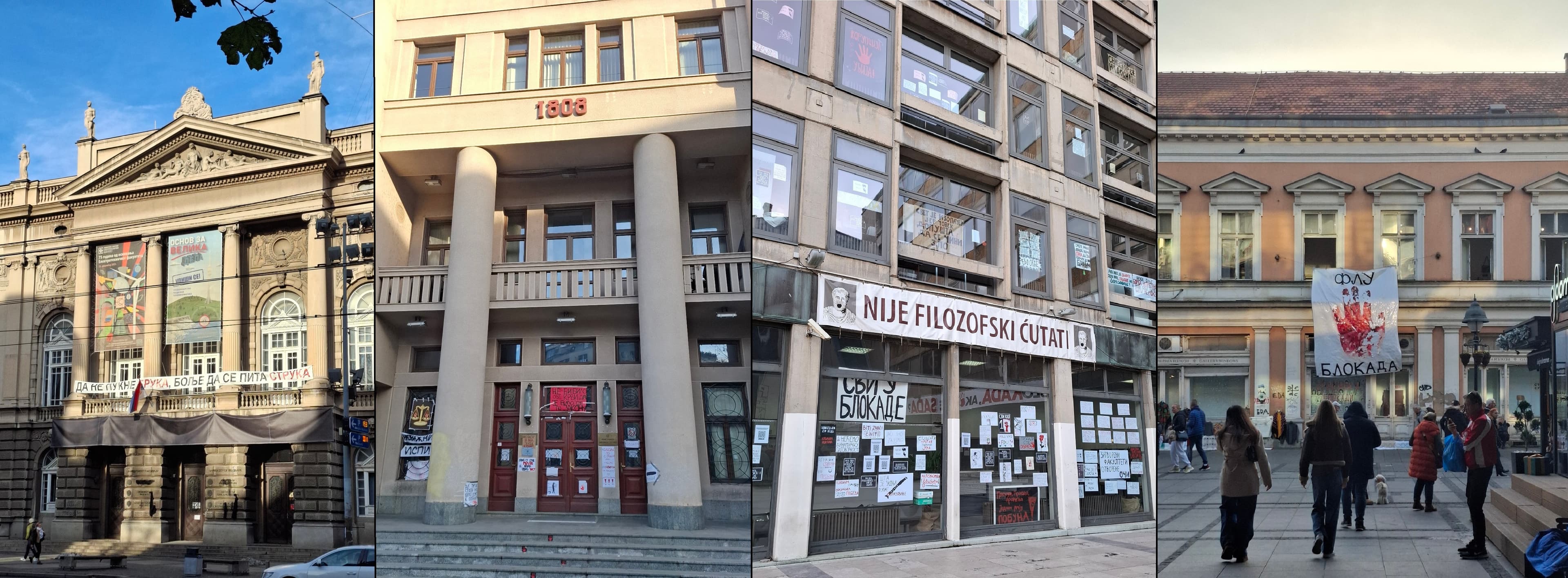 Campuses in Belgrade blocked by students, left to right: School of Electrical Engineering, Faculty of Law, Faculty of Philosophy, and Faculty of Fine Arts.